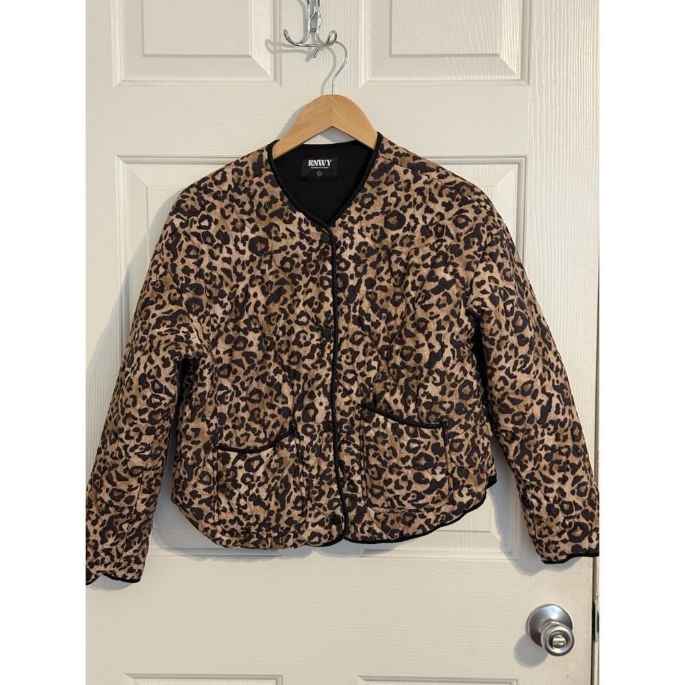 RNWY Leopard Animal Print Quilted Snap Front Lined Jacket M Brown Black